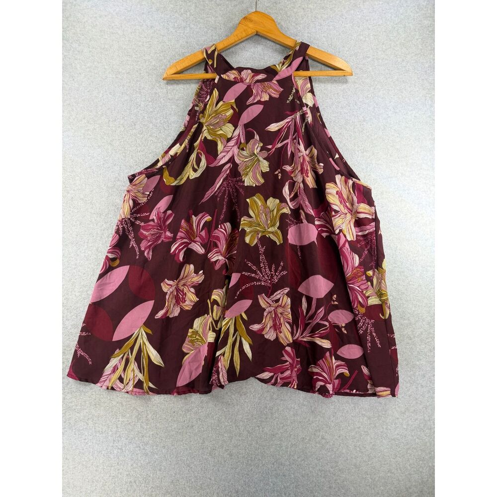 Unique Spectrum 3X Burgundy Floral Sleeveless Tie Neck Blouse Plus Size 3529